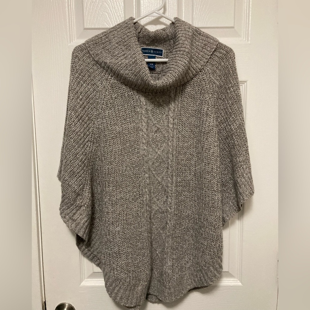 Karen Scott Taupe Tan Marbled Cable Knit Cowl Neck Size S/M Poncho Sweater #J